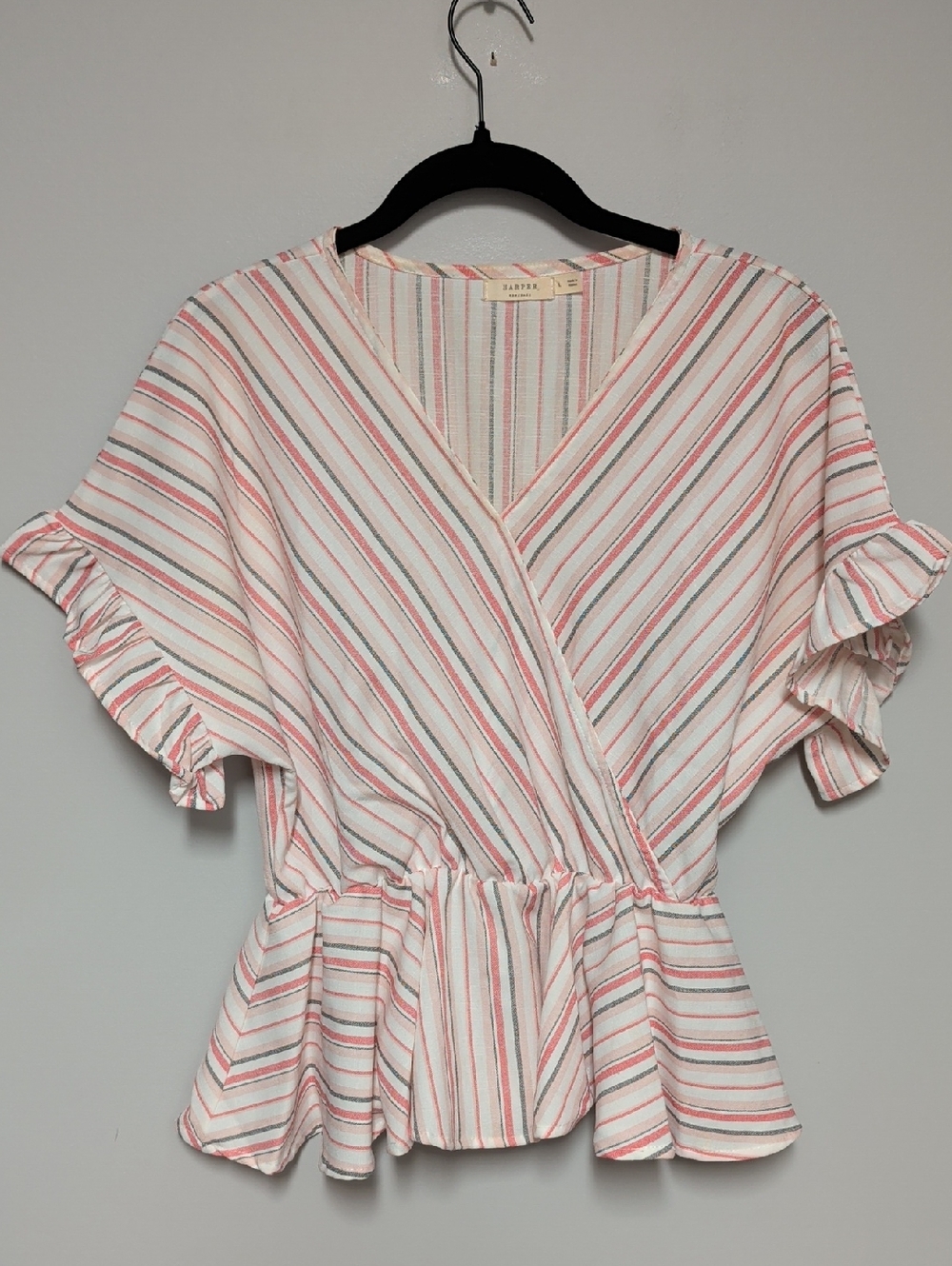 Harper Striped Blouse in White with Pink & Black Accents